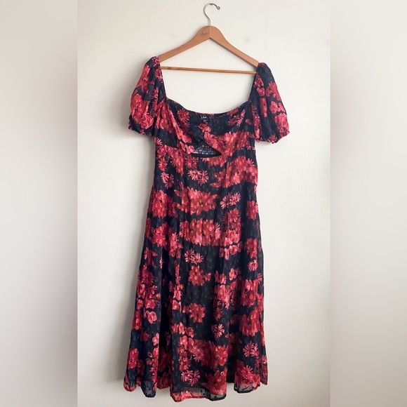 Lulus Red Black Floral Midi Puff Sleeve Dress Dark Romantic Cocktail Sheer L - Picture 6 of 10